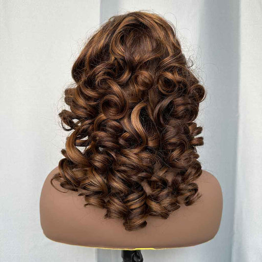 Double Drawn Bouncy Wig, Natural Color, #350/brown and #4/27 Piano Color