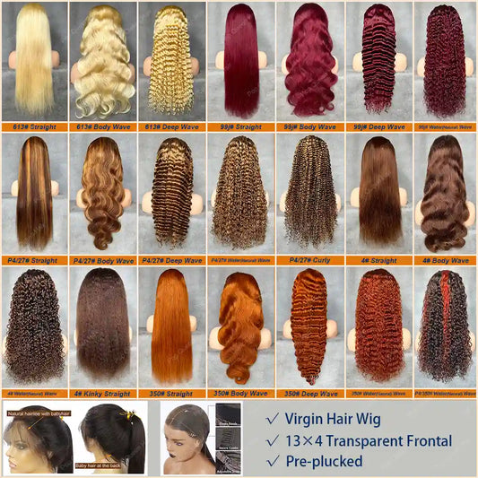 Transparent Lace Frontal Wig; 613# Blonde, 4#, 99j#, 350#, P4/27# Color