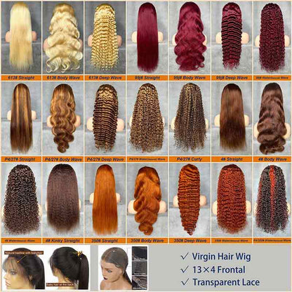 Pre-made Colored Wig; 13×4 Transparent Lace Frontal Wig; 613# Blonde, P4/27#, 4#, 99j#, 350#