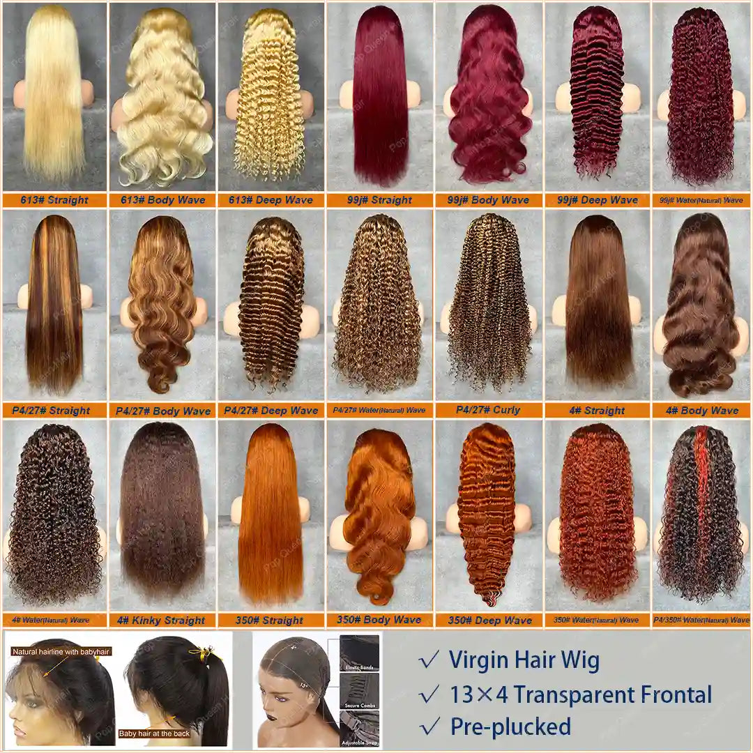 Transparent Lace Frontal Wig; 613# Blonde, 4#, 99j#, 350#, P4/27# Color